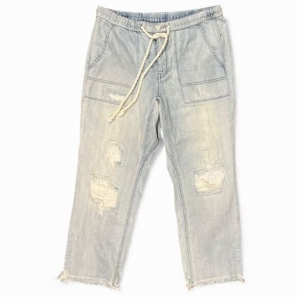 Free People Pants Pull-On Crop Jeans Distressed Baggy Raw Hem drawstring Wmns M - Picture 1 of 10